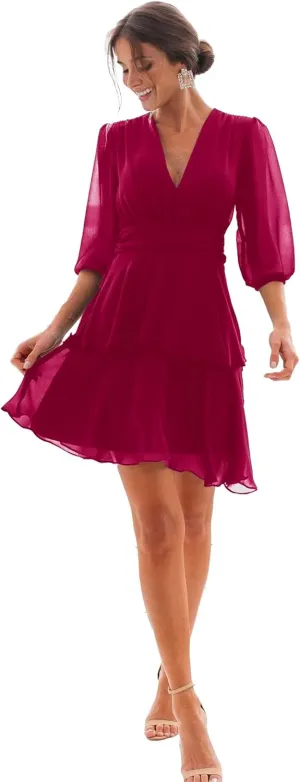Chiffon Bridesmaid Dress V Neck Ruffle Long Sleeve Flowy Formal Mini Dress DR0099