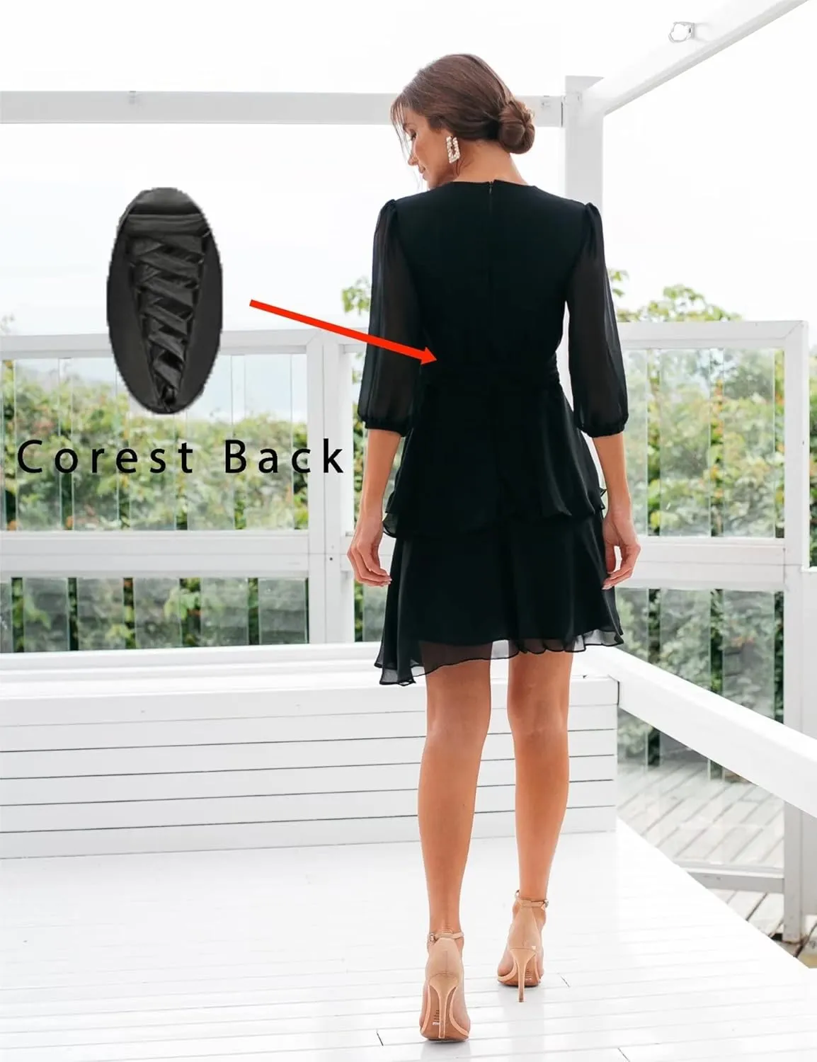 Chiffon Bridesmaid Dress V Neck Ruffle Long Sleeve Flowy Formal Mini Dress DR0099