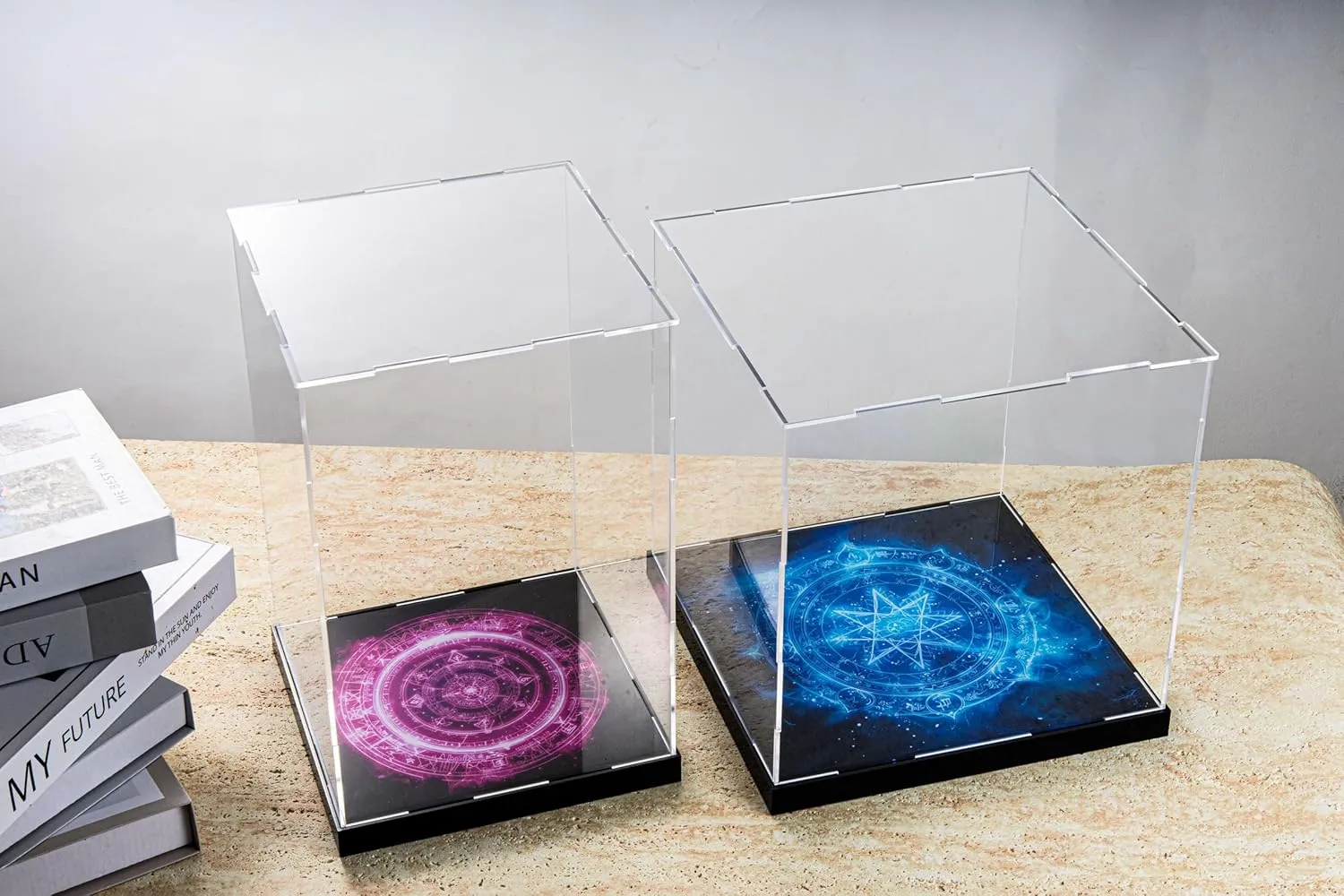 CHILLCASE Magic Array Design Acrylic Clear Display Case with Base Dustproof Display Box Assemble Collectible Showcase for Action Figures, Models PVC Figures（Red,9.8×9.8×9.8 inch