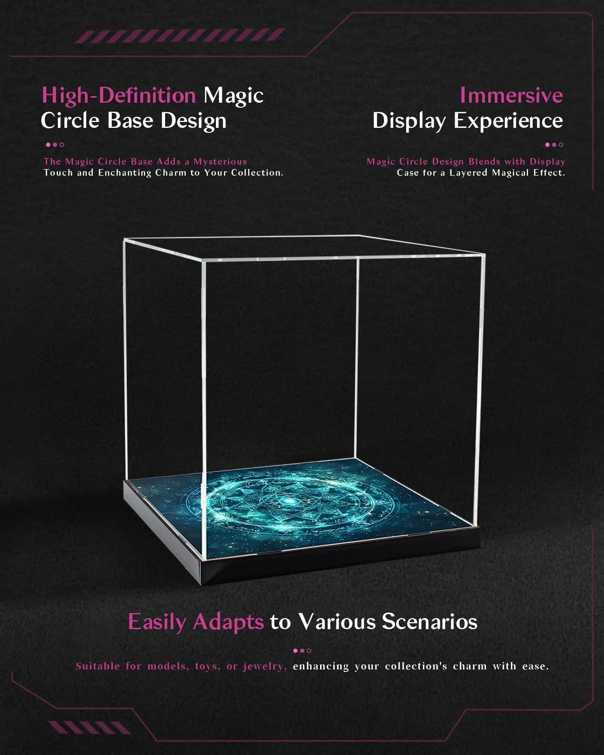 CHILLCASE Magic Array Design Acrylic Clear Display Case with Base Dustproof Display Box Assemble Collectible Showcase for Action Figures, Models PVC Figures（Red,9.8×9.8×9.8 inch