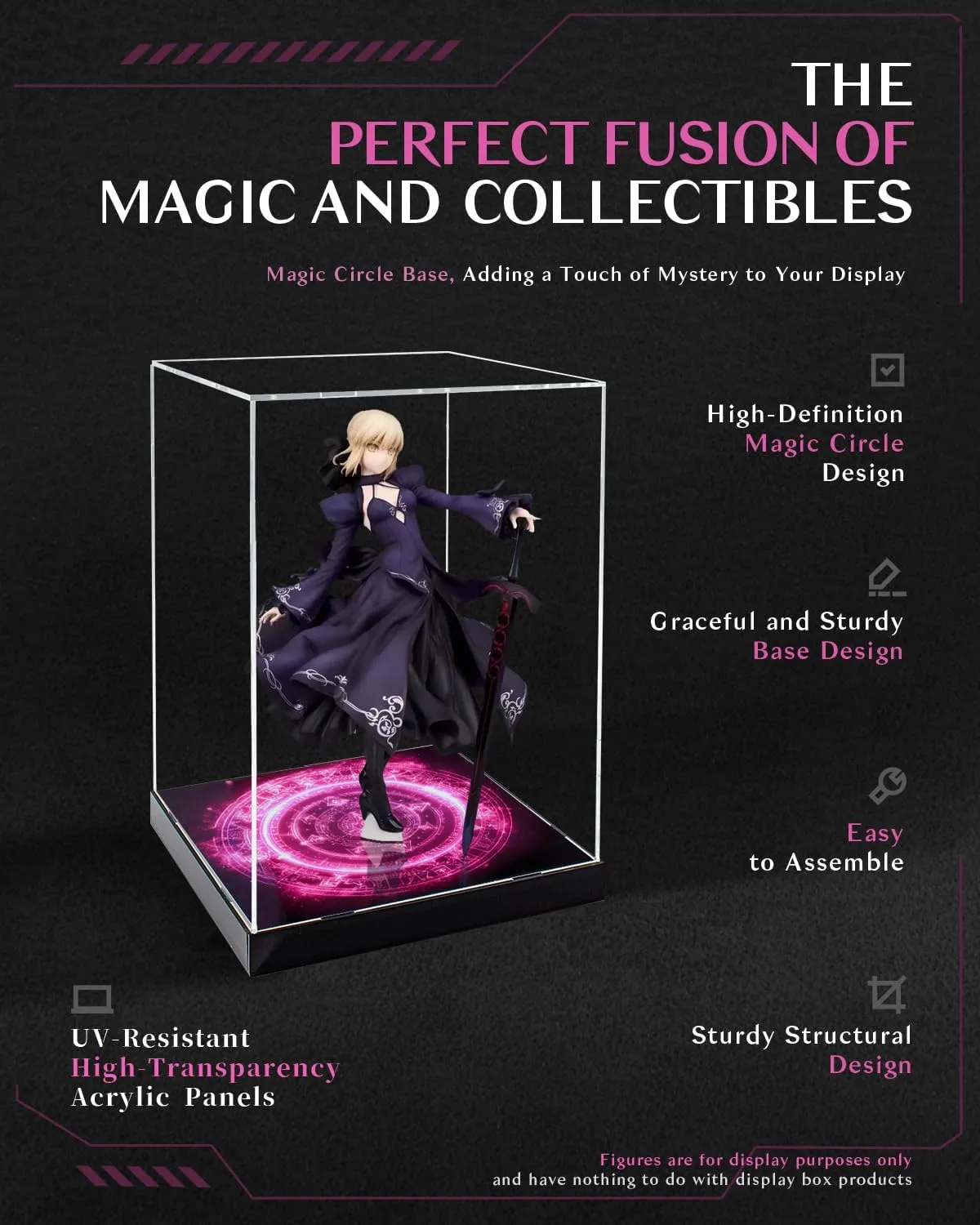 CHILLCASE Magic Array Design Acrylic Clear Display Case with Base Dustproof Display Box Assemble Collectible Showcase for Action Figures, Models PVC Figures（Red,9.8×9.8×9.8 inch