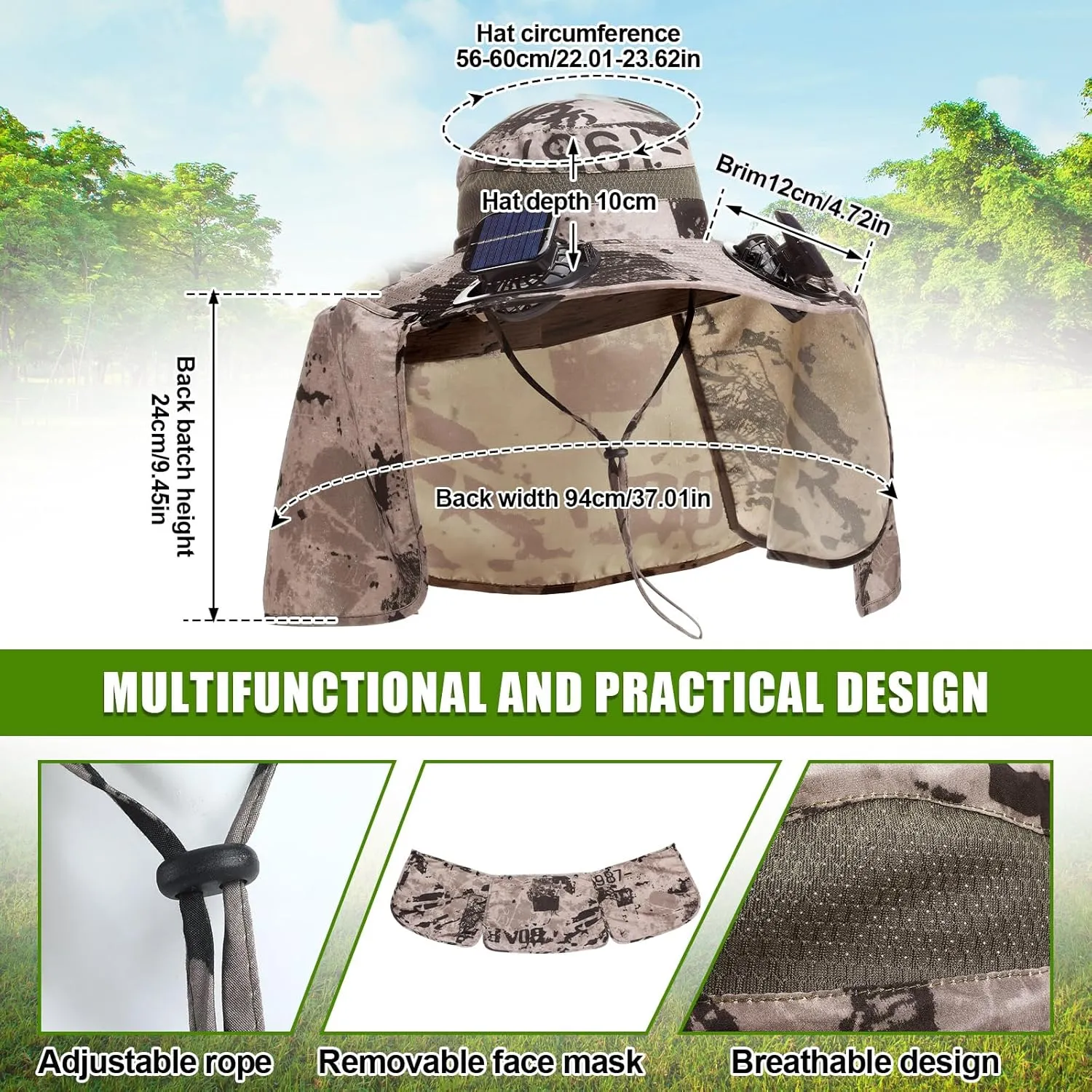 Chuarry Wide Brim Sun Hat with 2 Fan Outdoor Solar Powered USB Charging Fishing Hat with Neck Flap for Men Women