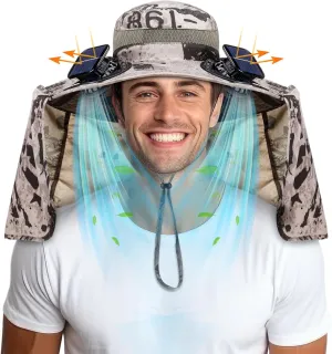 Chuarry Wide Brim Sun Hat with 2 Fan Outdoor Solar Powered USB Charging Fishing Hat with Neck Flap for Men Women
