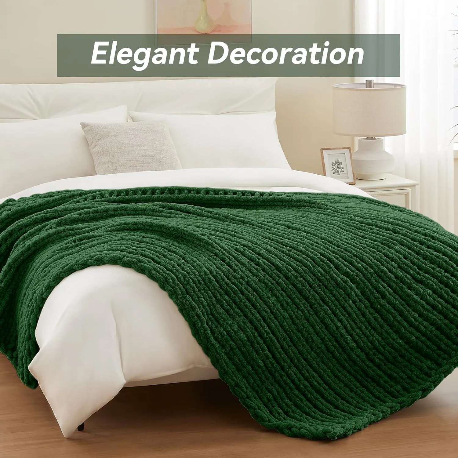 Chunky Knit Throw, 30''*40'' Knitted Chenille Blanket for Bed, Couch, Kids - Handmade Grass Green Crochet, Machine Washable, Comfy Home Decor