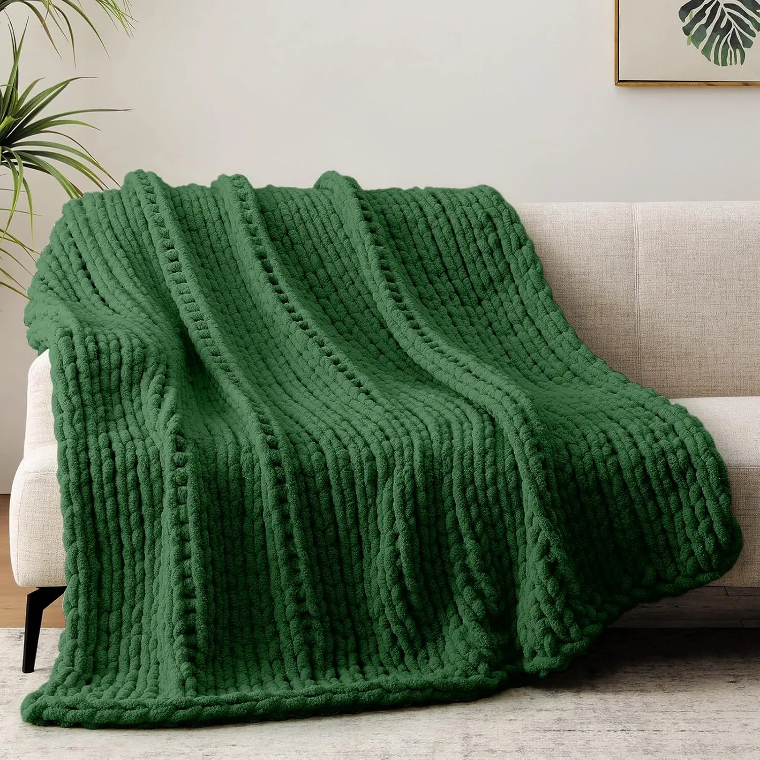 Chunky Knit Throw, 30''*40'' Knitted Chenille Blanket for Bed, Couch, Kids - Handmade Grass Green Crochet, Machine Washable, Comfy Home Decor