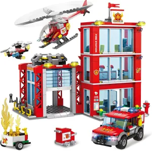 City Fire Station Building Blocks Set with Fire Truck, Helicopter, Drone & Engine, Command Center Playset, Firefighter Roleplay Toy Gift for Kids, Boys & Girls, Ages 6 (744PCS)