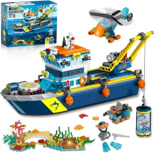 City Floatable Boat Building Set with LED Light - Ocean Arctic Explorer Ship Building Block Kit with Helicopter, Sub Exploration Toy Adventure Set Birthday Gift for Kids Boys Girls 6 7 8 9 10 