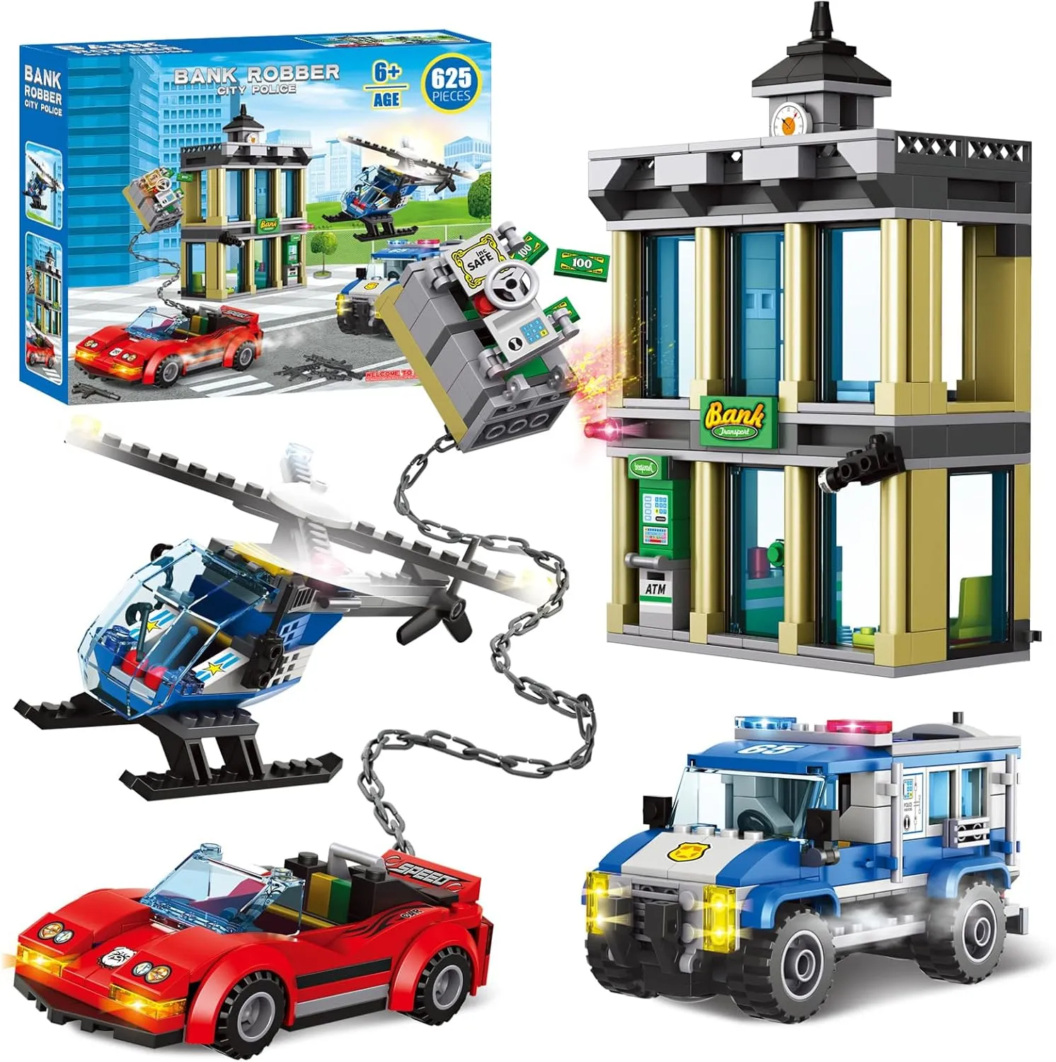 City Police Catch Thief Building Block Set with Cop Car, Bank, Helicopter, Getaway Sports Car, Fun Police Chase Toy for Kids, Best Learning & Roleplay STEM Toy Gift for Boys Girls Ages 6  (625pcs)