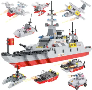 City War Battleship Building Block Set, 8 in 1 Military Warship Model Kit, with Army Vehicles, Helicopter, Airplane, Patrol Boat, Creative Birthday Toy Gifts for Kids Boys Aged 6  (952 Pieces)