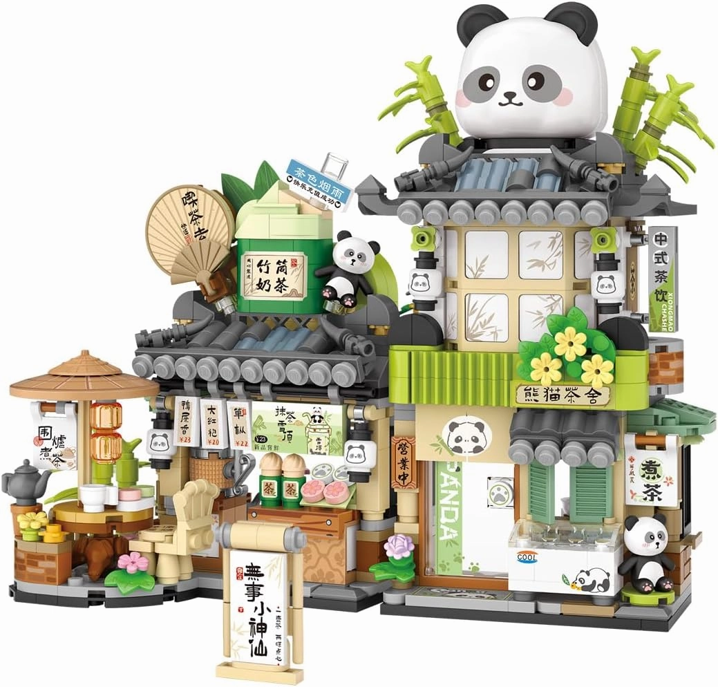 City Street View Panda Tea Shop Building Blocks Set, MOC Creative Panda Animal Theme House, Simulation Architecture Construction Toy, Gifts Idea for Kids Adults (Mini Blocks 860 pcs)