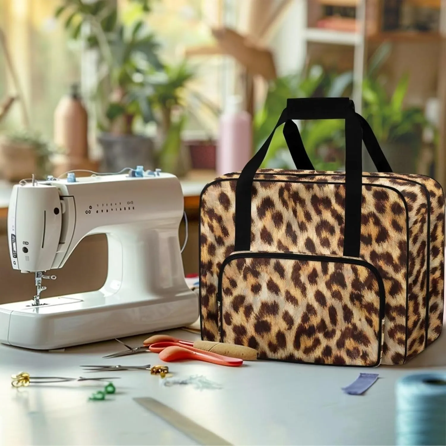Classic Leopard Print Universal Sewing Machine Case, Portable Cover Tote Bag for Most Machines - Carrying Travel Storage Carrier Supply Organizer for Accessories