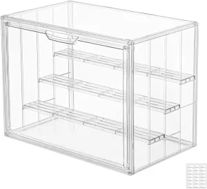 Clear Acrylic 4 Tier Figure Display Case with 3 Movable Plates, Stackable Showcase with Magnetic Door for Collectibles (Large-1pack)