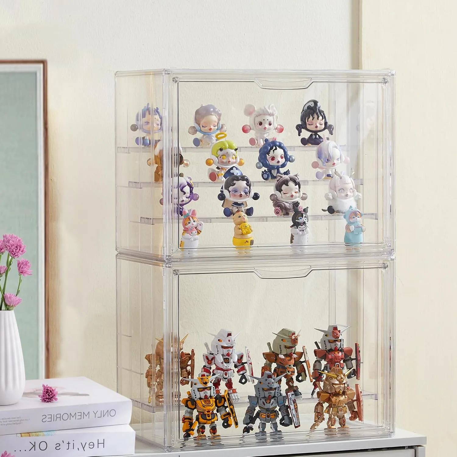 Clear Acrylic 4 Tier Figure Display Case with 3 Movable Plates, Stackable Showcase with Magnetic Door for Collectibles (Large-1pack)