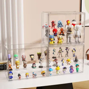 Clear Acrylic Blind Box ,3 Tier Acrylic Display Case for Figures, Dustproof Display Box with Magnetic Door and Riser Shelf ,Stackable Display Cases for Collectibles, Figures,Toy(3 Packs)