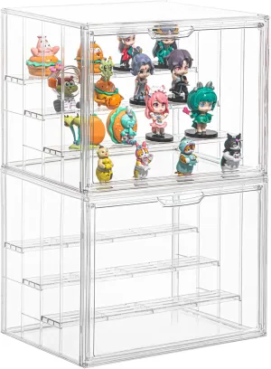 Clear Acrylic Display Case for Figures 4 Layer Figure Display Shelf with 3 Movable Plate Stackable Display Box with Magnetic Door for Collectibles 2 Pack
