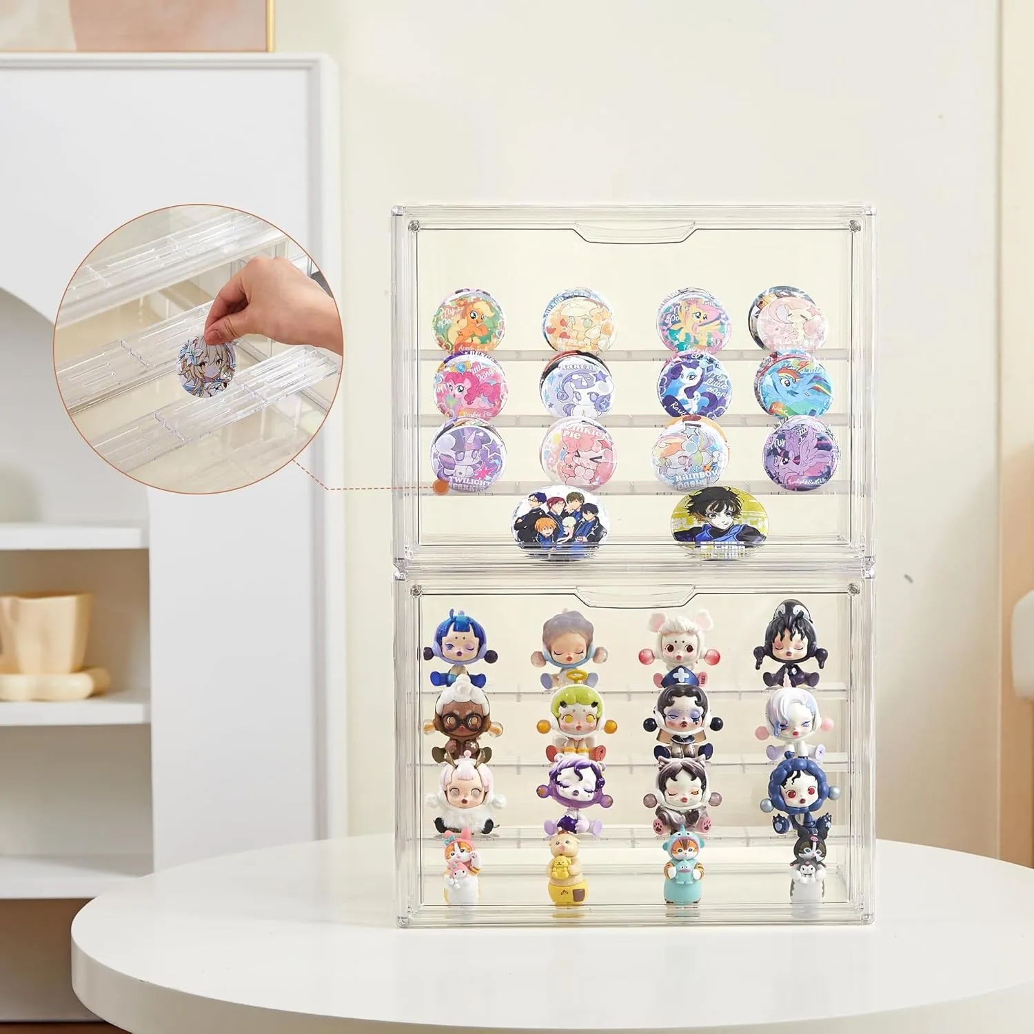 Clear Acrylic Display Case for Figures 4 Layer Figure Display Shelf with 3 Movable Plate Stackable Display Box with Magnetic Door for Collectibles 2 Pack