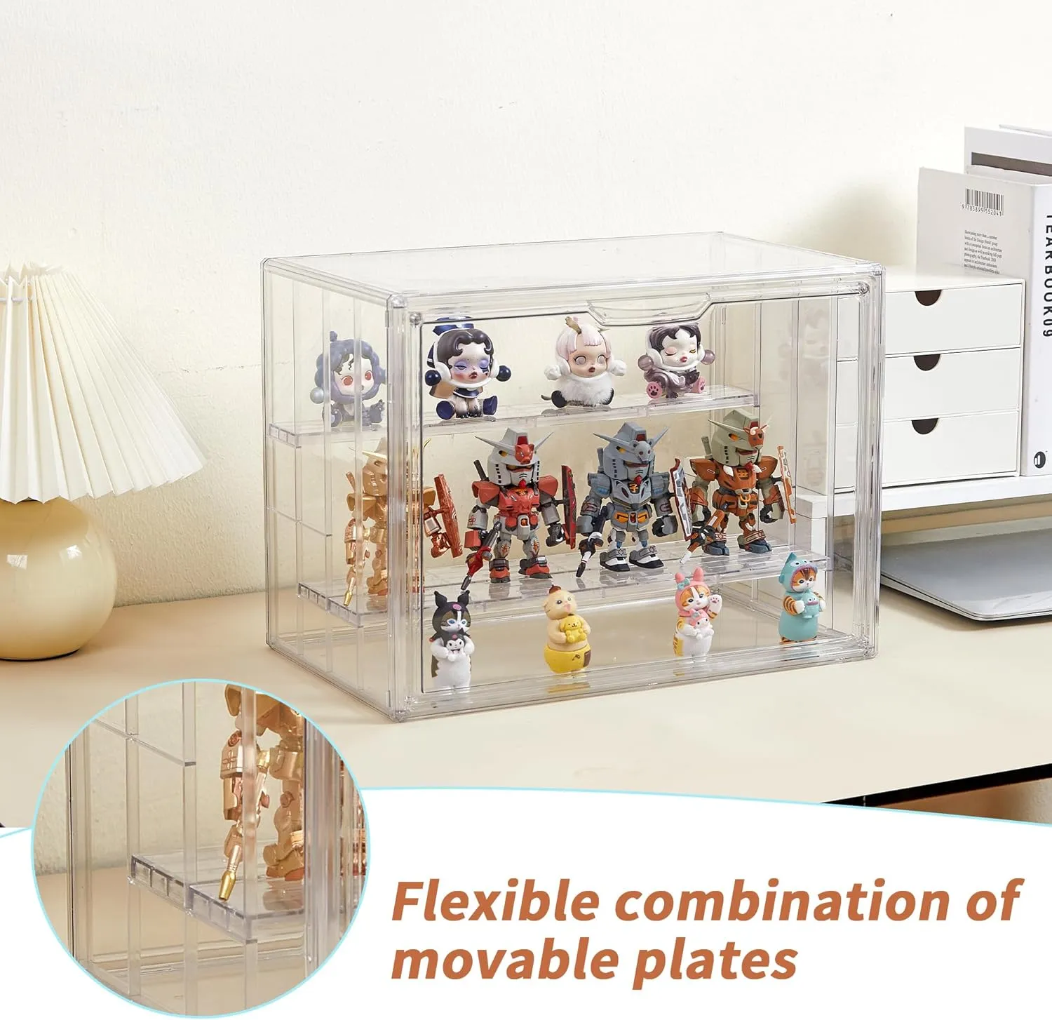Clear Acrylic Display Case for Figures 4 Layer Figure Display Shelf with 3 Movable Plate Stackable Display Box with Magnetic Door for Collectibles 2 Pack