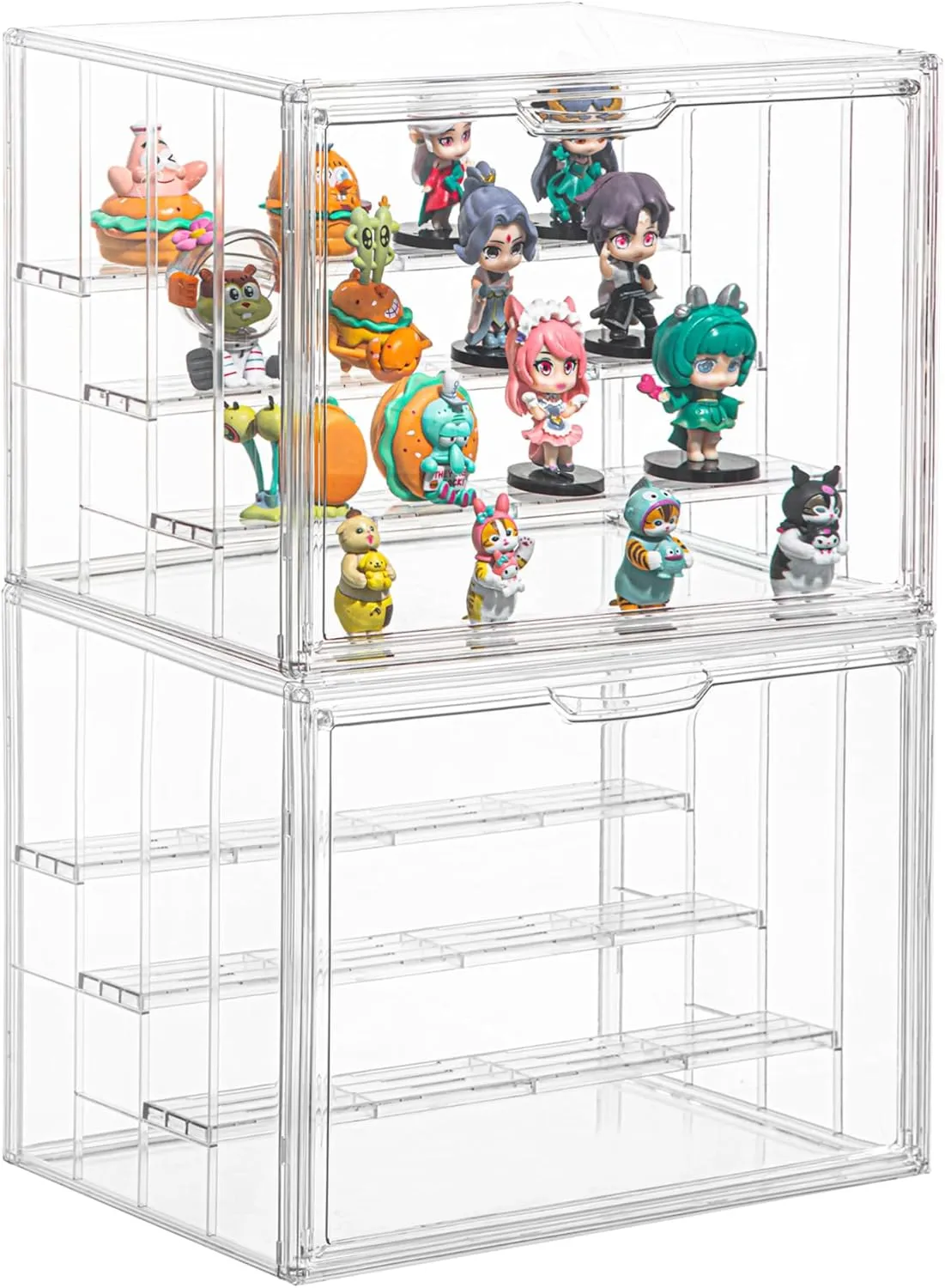 Clear Acrylic Display Case for Figures 4 Layer Figure Display Shelf with 3 Movable Plate Stackable Display Box with Magnetic Door for Collectibles 2 Pack