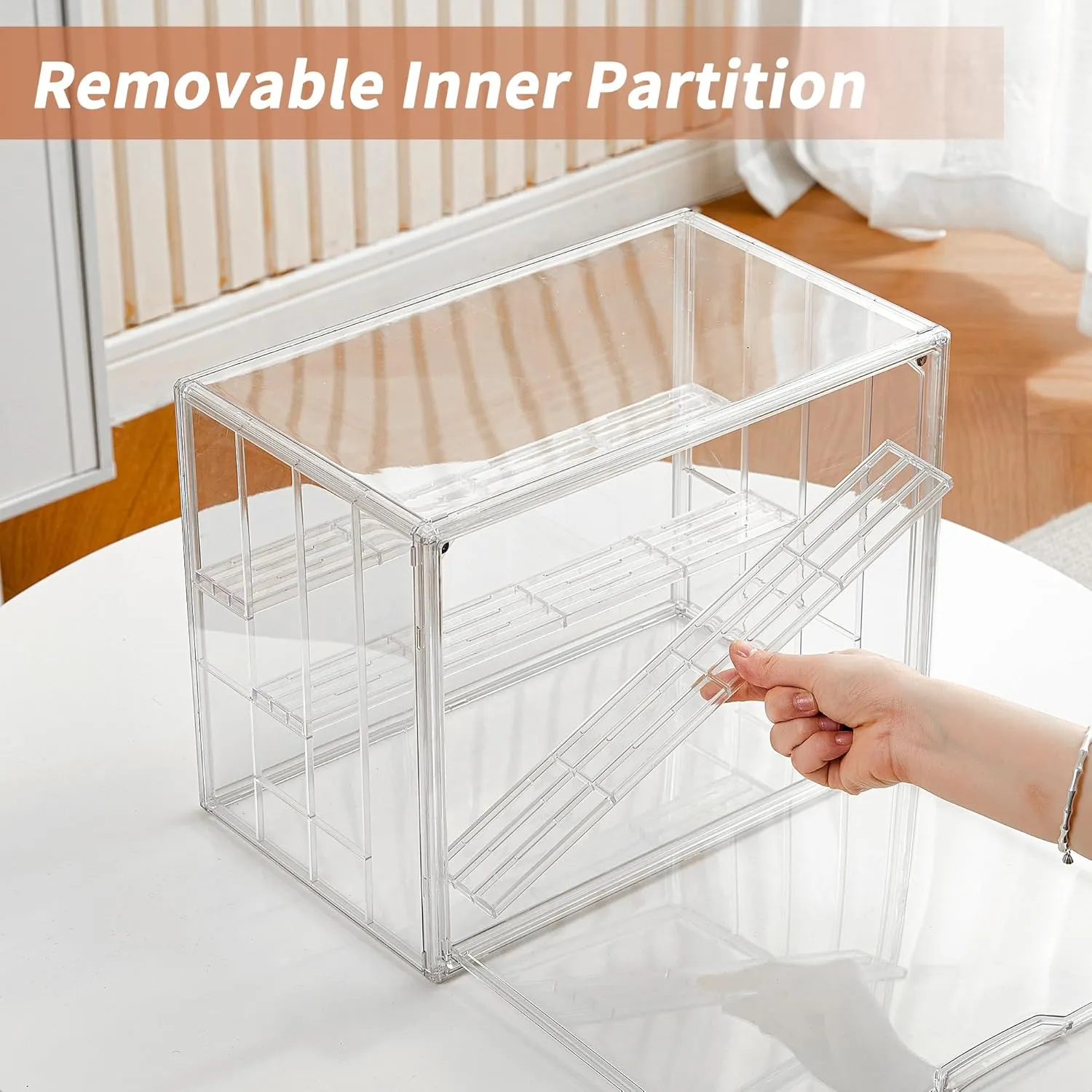 Clear Acrylic Display Case for Figures 4 Layer Figure Display Shelf with 3 Movable Plate Stackable Display Box with Magnetic Door for Collectibles 2 Pack