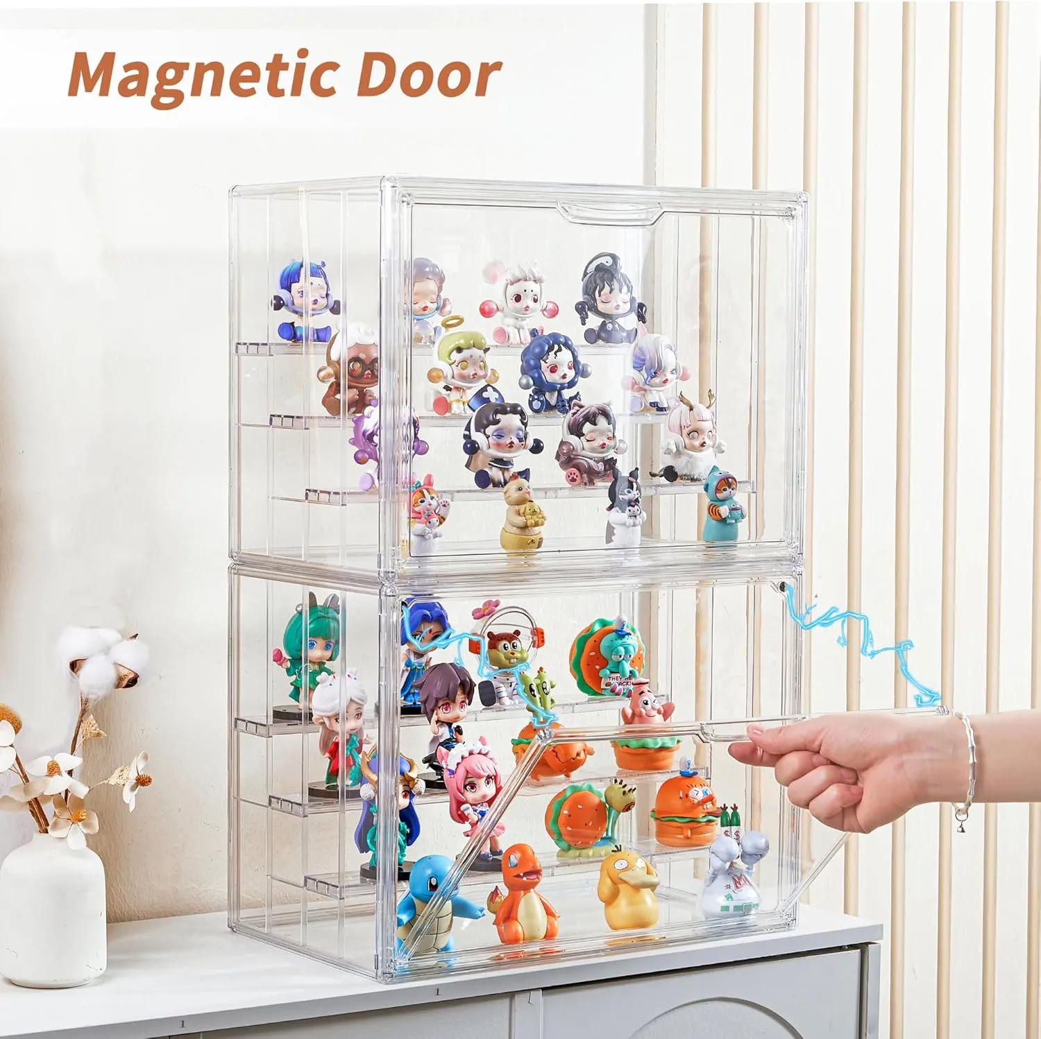 Clear Acrylic Display Case for Figures 4 Layer Figure Display Shelf with 3 Movable Plate Stackable Display Box with Magnetic Door for Collectibles 2 Pack