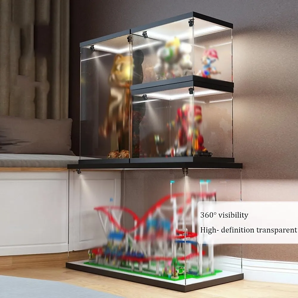 Clear Acrylic Display Case, Stackable Showcase with LED Light Source, Display Action Figures Box with Two Spotlights for Storage Organizing Toys(45x35x30cm)
