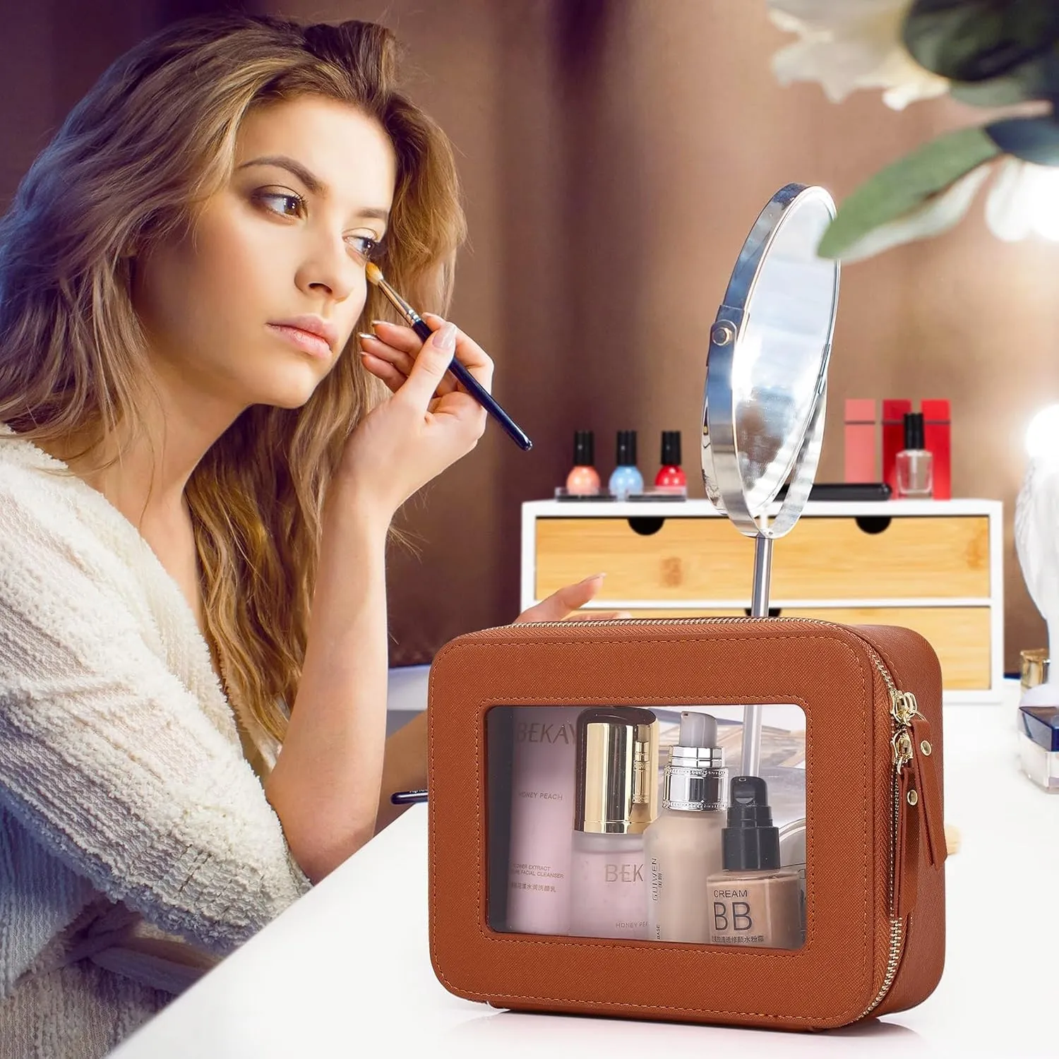 Clear Makeup Bag Waterproof Travel Case for Cosmetics and Toiletries Women's Purse Organizer and Clear Car Bag with Zipper (X/Brown, M MINI)