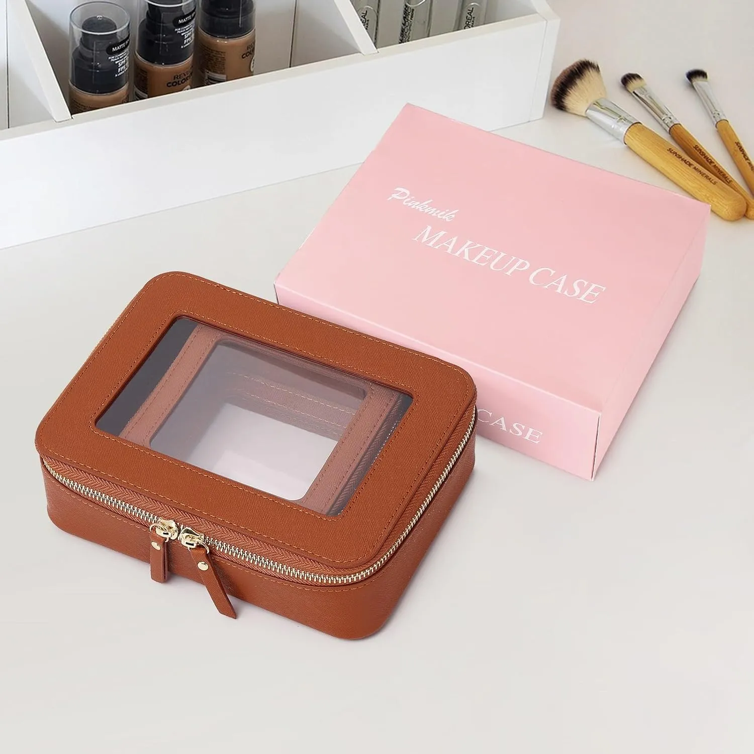 Clear Makeup Bag Waterproof Travel Case for Cosmetics and Toiletries Women's Purse Organizer and Clear Car Bag with Zipper (X/Brown, M MINI)