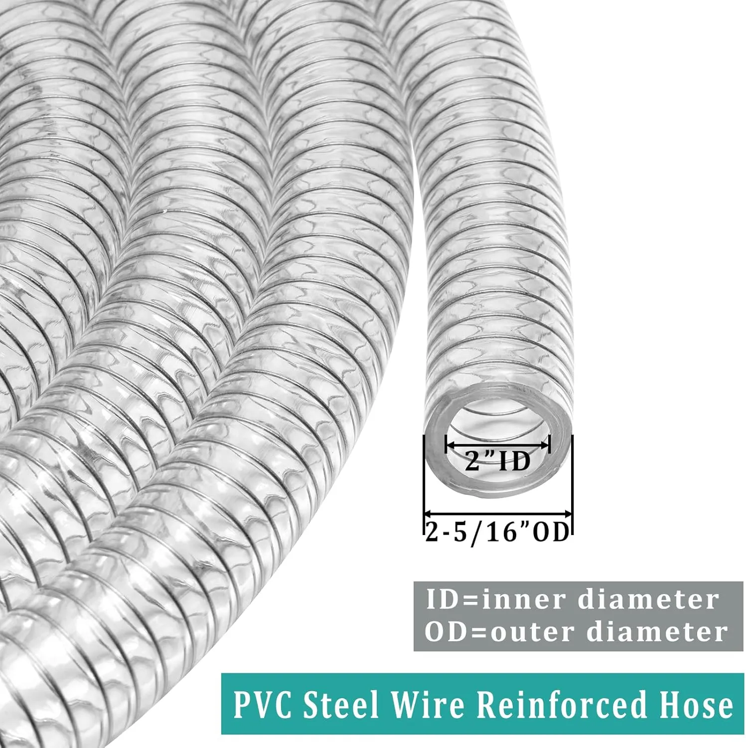 Clear Wire Reinforced Suction Hose 2” ID × 2-5/16” OD - 50ft Heavy Duty Flexible PVC Spiral Steel Wire Pipe High Pressure Vacuum Vinyl Tubing for Drawing Water Oil Powder (50 ft, 2" ID)