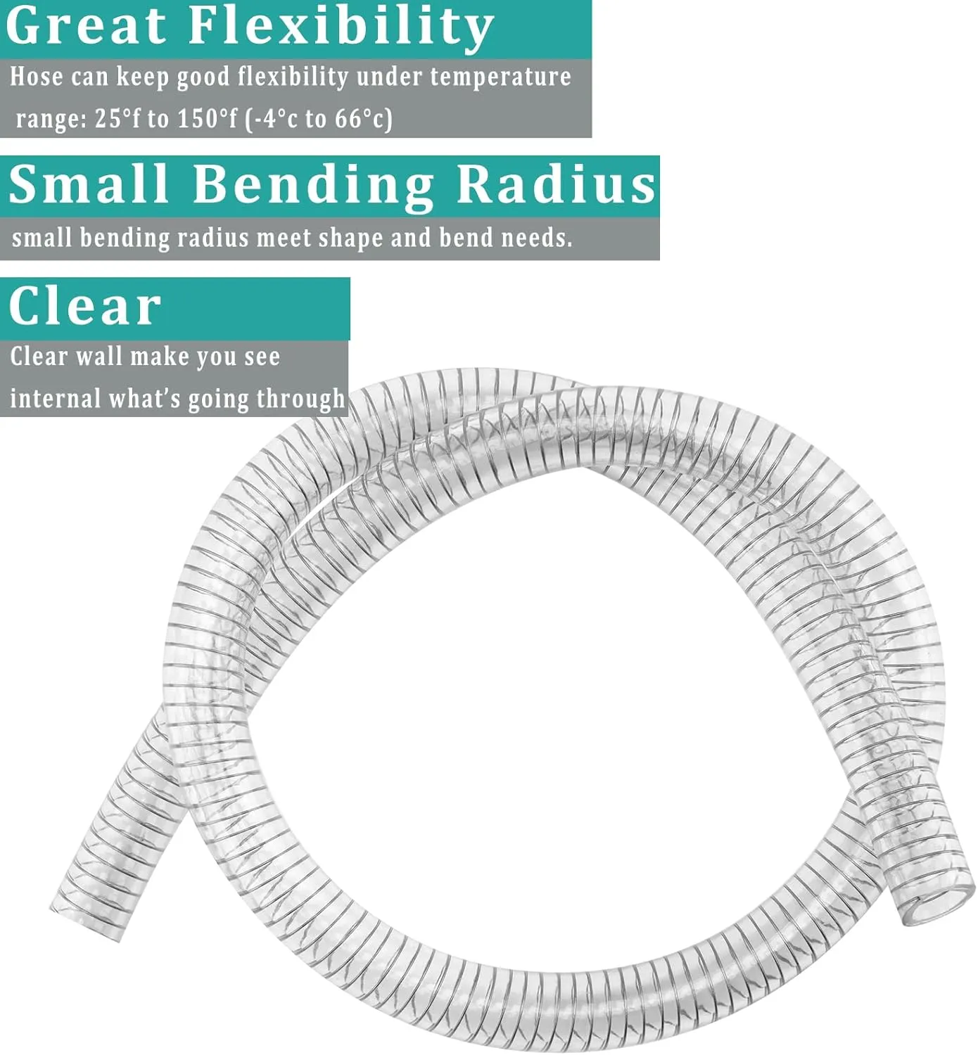Clear Wire Reinforced Suction Hose 2” ID × 2-5/16” OD - 50ft Heavy Duty Flexible PVC Spiral Steel Wire Pipe High Pressure Vacuum Vinyl Tubing for Drawing Water Oil Powder (50 ft, 2" ID)