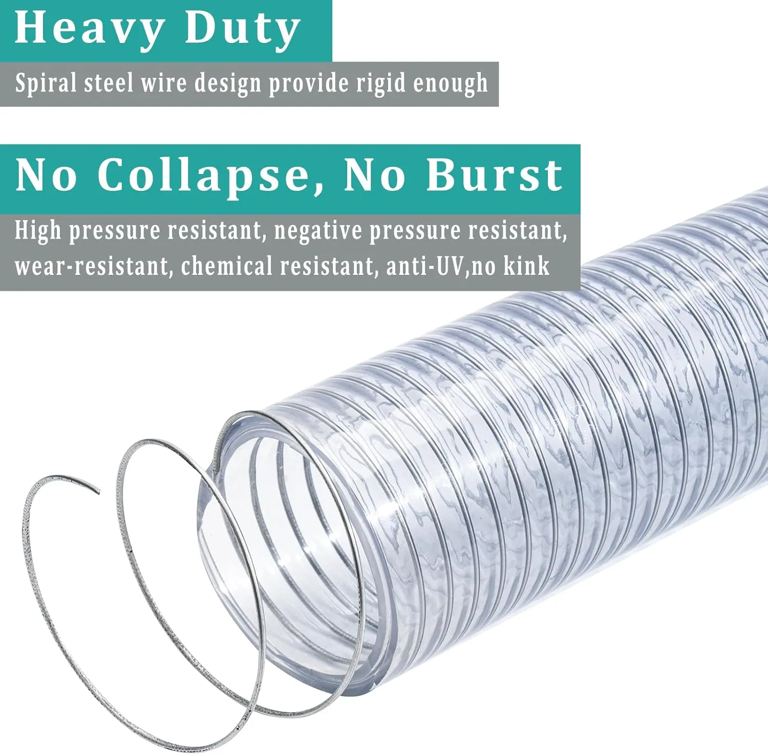 Clear Wire Reinforced Suction Hose 2” ID × 2-5/16” OD - 50ft Heavy Duty Flexible PVC Spiral Steel Wire Pipe High Pressure Vacuum Vinyl Tubing for Drawing Water Oil Powder (50 ft, 2" ID)