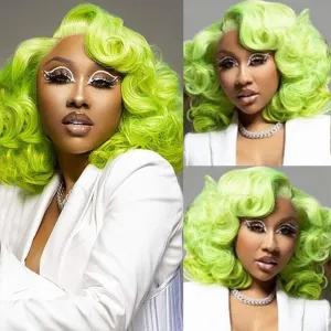 CLIONE Green Curly Wigs for Women Short Curly Wig with Bangs Afro Curly Synthetic Wig Short Fluffy Bouncy Curly Wigs Cosplay Party Costume Wigs