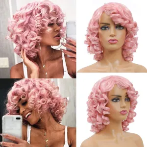 CLIONE Pink Curly Wigs for Women Short Curly Wig with Bangs Afro Curly Synthetic Wig Short Fluffy Bouncy Curly Wigs Cosplay Party Costume Wigs