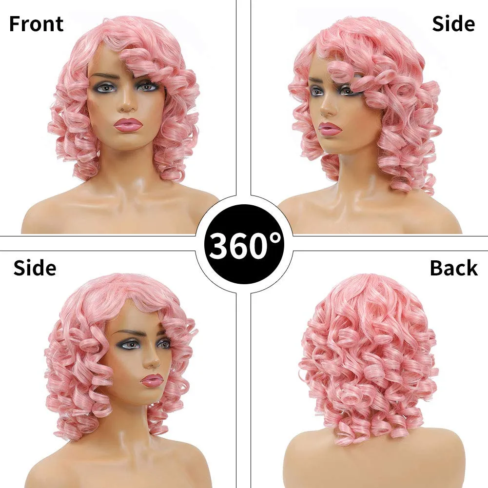CLIONE Pink Curly Wigs for Women Short Curly Wig with Bangs Afro Curly Synthetic Wig Short Fluffy Bouncy Curly Wigs Cosplay Party Costume Wigs