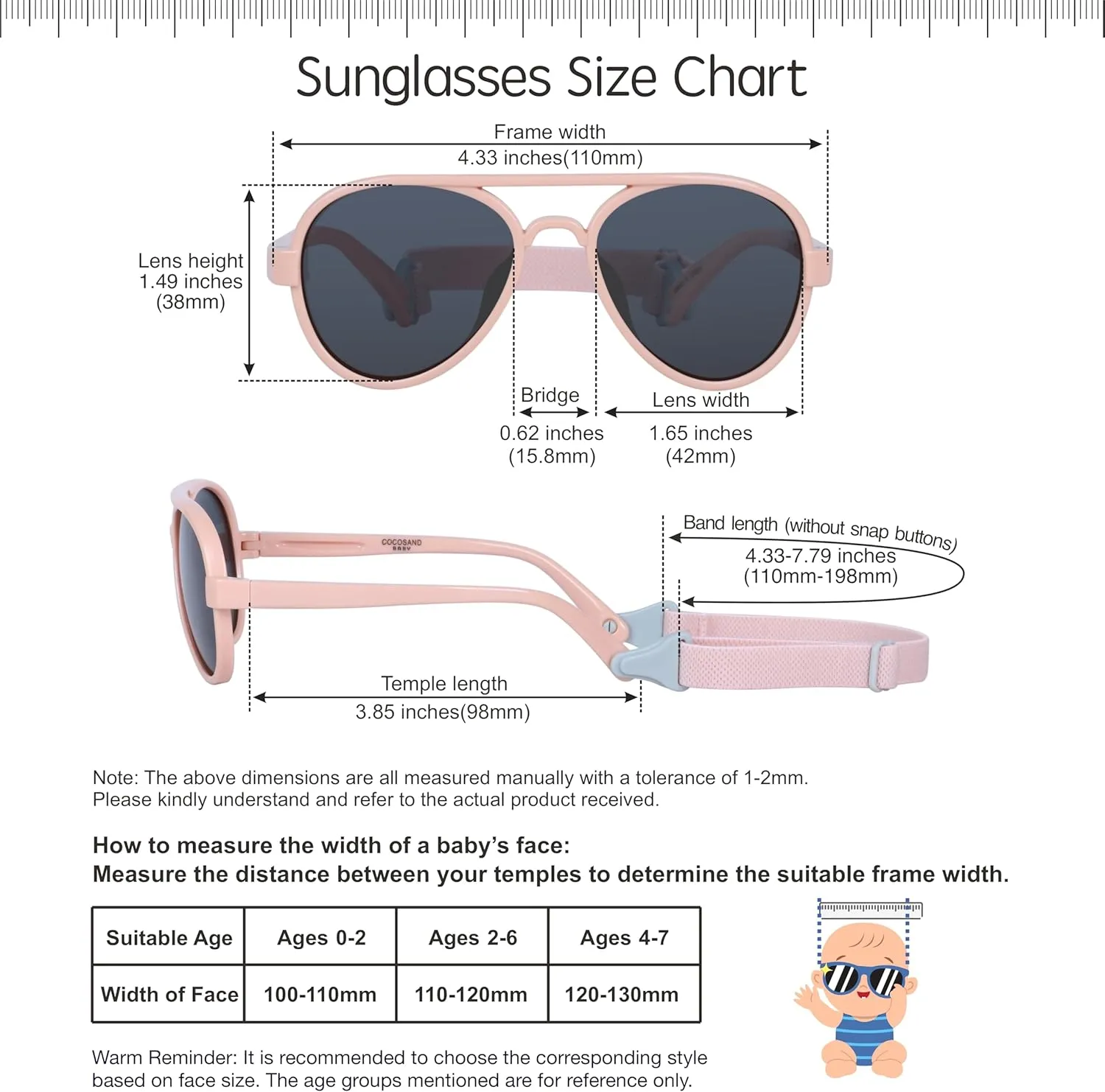 COCOSAND Baby Boys Girls Aviator Sunglasses with Strap Polarized Flexible Retro Pilot for Infants Toddler Age 0-24 Months