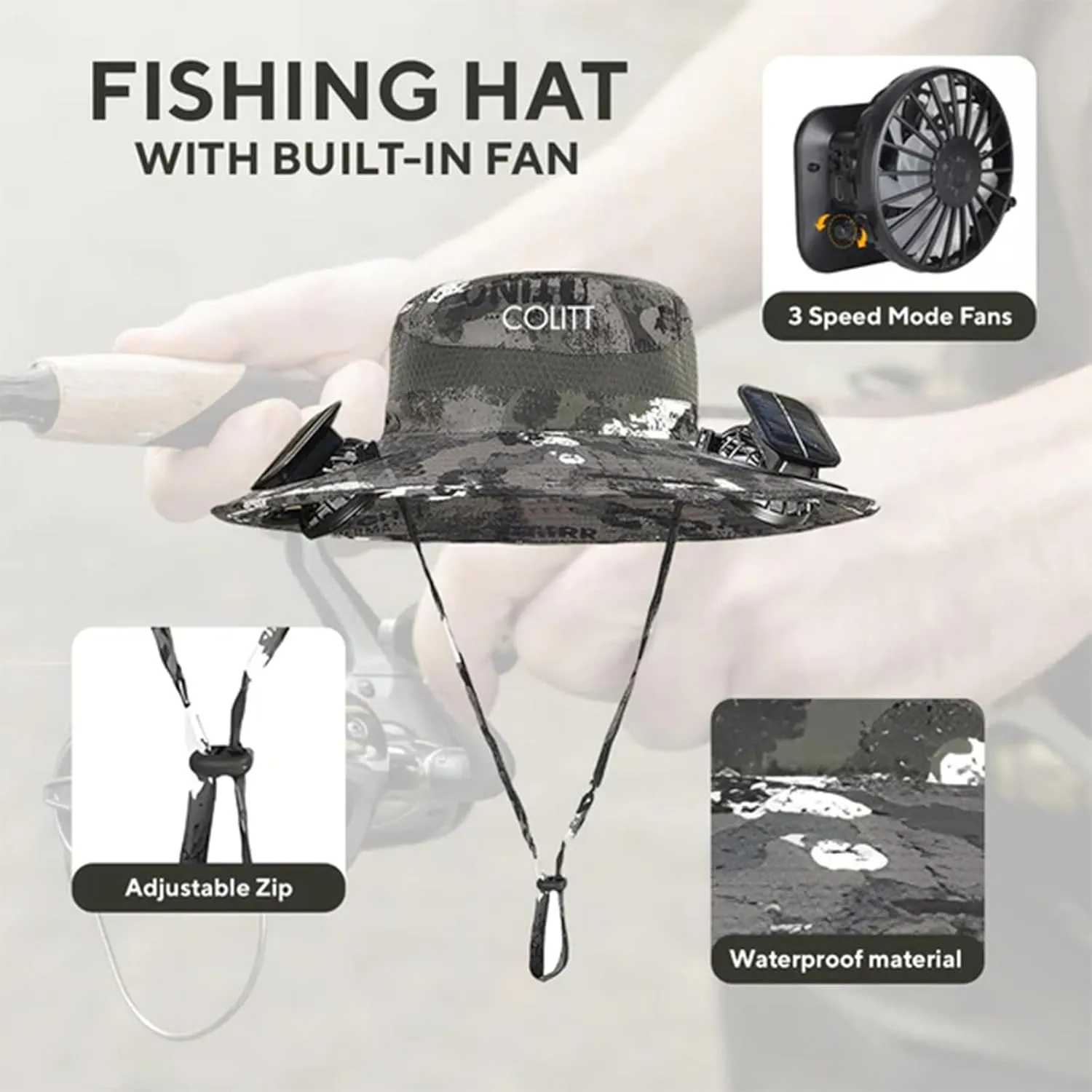 Colitt - Fishing Hat with Built in Fan, UPF 50  Sun Protection, USB/Solar Rechargeable, Adjustable Fit, Wide, Solar, Outdoor