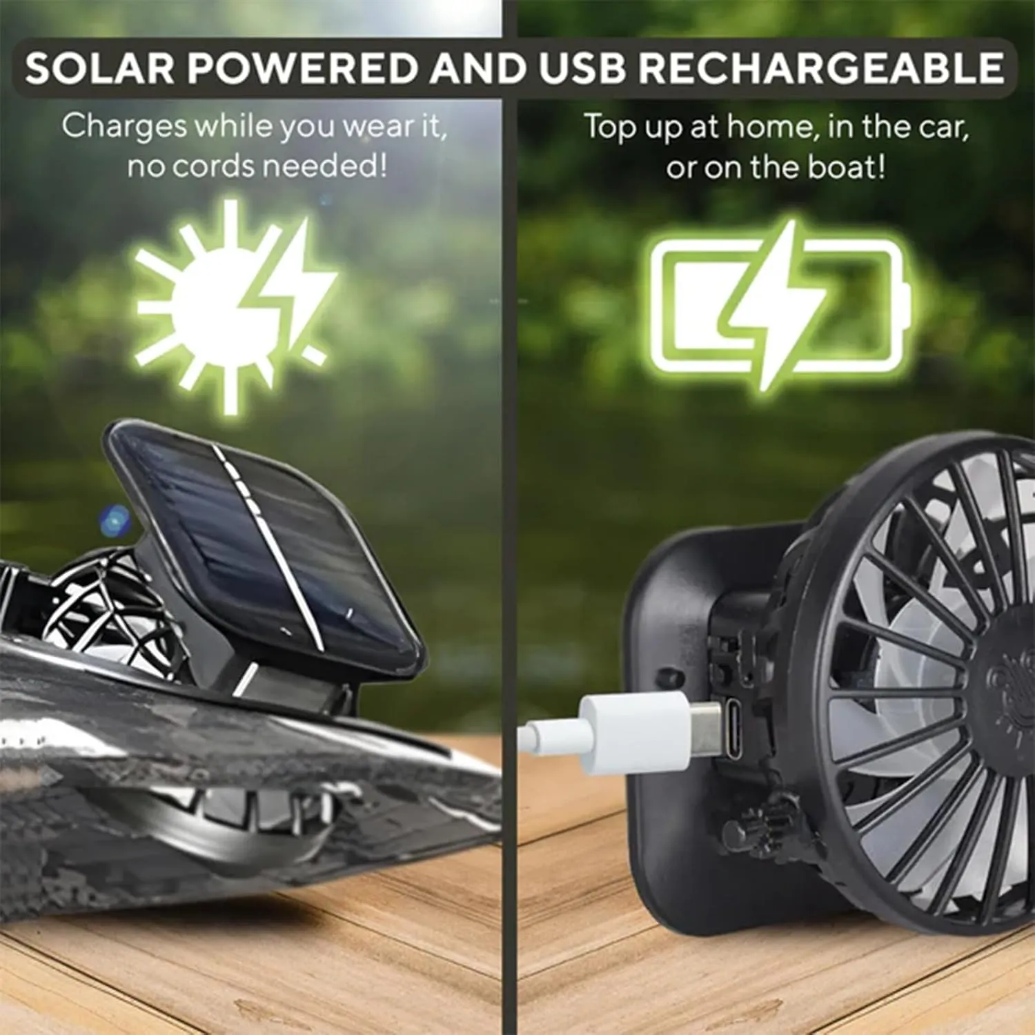 Colitt - Fishing Hat with Built in Fan, UPF 50  Sun Protection, USB/Solar Rechargeable, Adjustable Fit, Wide, Solar, Outdoor