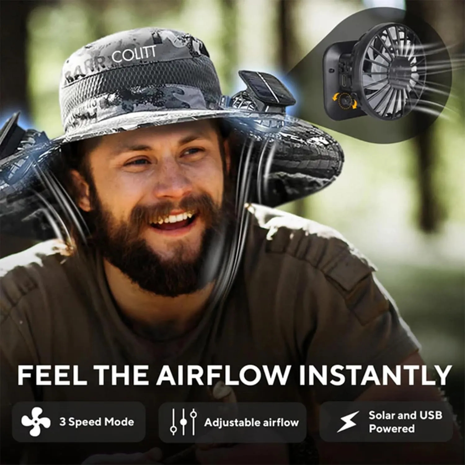 Colitt - Fishing Hat with Built in Fan, UPF 50  Sun Protection, USB/Solar Rechargeable, Adjustable Fit, Wide, Solar, Outdoor