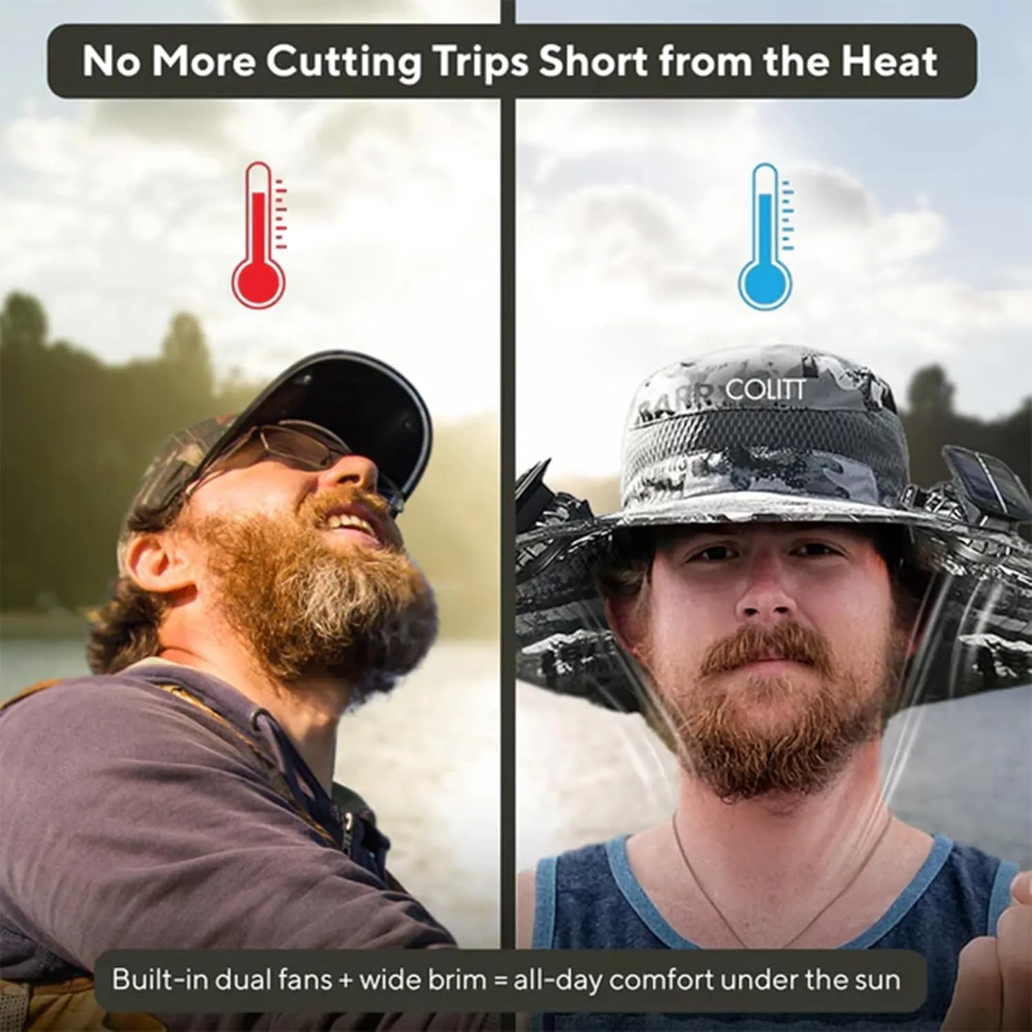 Colitt - Fishing Hat with Built in Fan, UPF 50  Sun Protection, USB/Solar Rechargeable, Adjustable Fit, Wide, Solar, Outdoor
