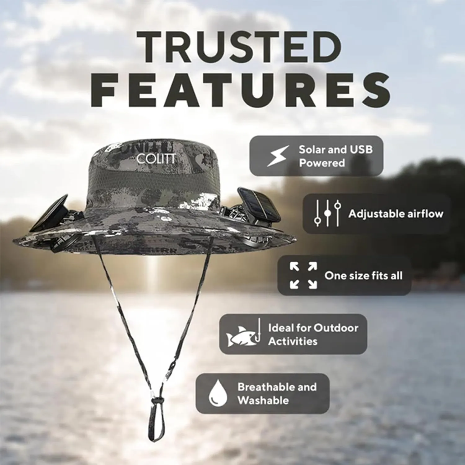 Colitt - Fishing Hat with Built in Fan, UPF 50  Sun Protection, USB/Solar Rechargeable, Adjustable Fit, Wide, Solar, Outdoor