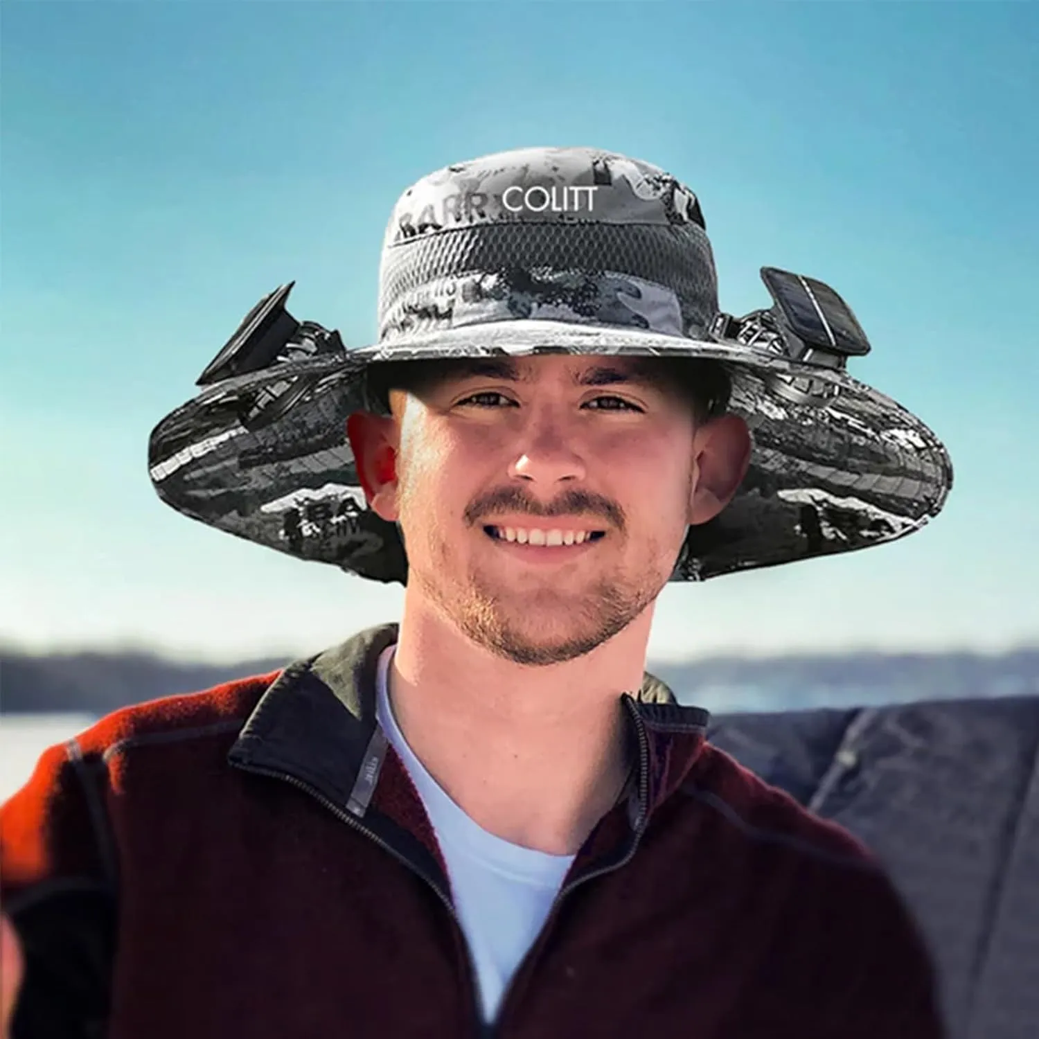 Colitt - Fishing Hat with Built in Fan, UPF 50  Sun Protection, USB/Solar Rechargeable, Adjustable Fit, Wide, Solar, Outdoor