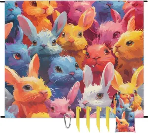 Colorful Rabbit Beach Blanket, Sandproof Beach Mat, 68 x 59 Waterproof Quick Drying Sand Free Mat with 4 x Ground Spikes for Outdoor Travel Camping Hiking, Easter Bunny