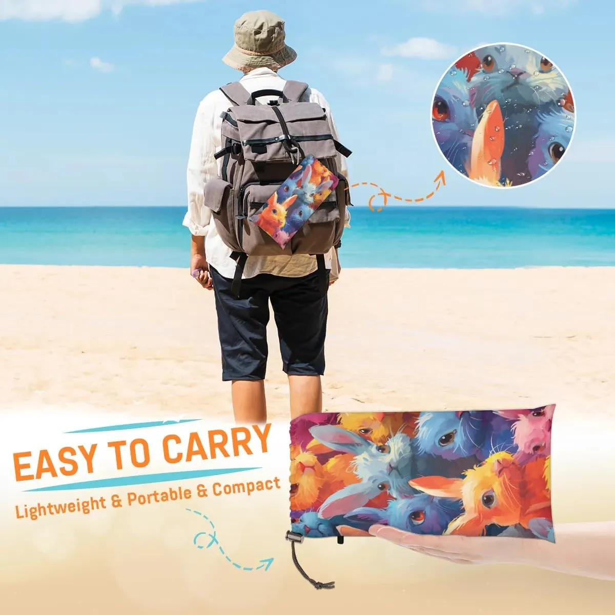 Colorful Rabbit Beach Blanket, Sandproof Beach Mat, 68 x 59 Waterproof Quick Drying Sand Free Mat with 4 x Ground Spikes for Outdoor Travel Camping Hiking, Easter Bunny