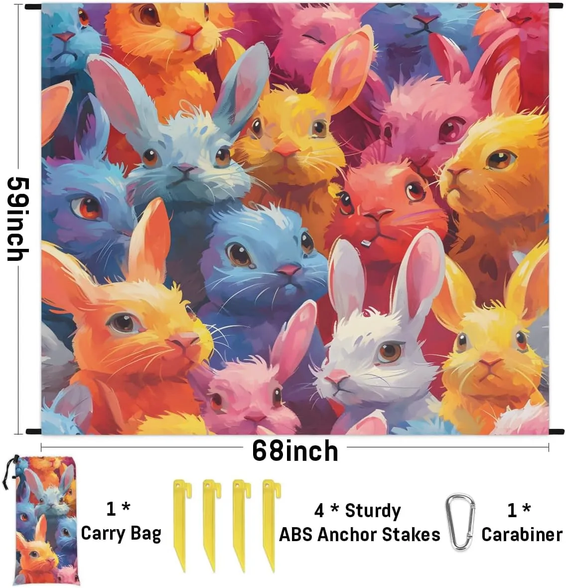 Colorful Rabbit Beach Blanket, Sandproof Beach Mat, 68 x 59 Waterproof Quick Drying Sand Free Mat with 4 x Ground Spikes for Outdoor Travel Camping Hiking, Easter Bunny