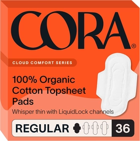 Cora 100% Organic Cotton Top Pad | Ultra Thin Period Pads with Wings | Regular Ultra-Absorbent Sanitary Pads for Women (36-Count)