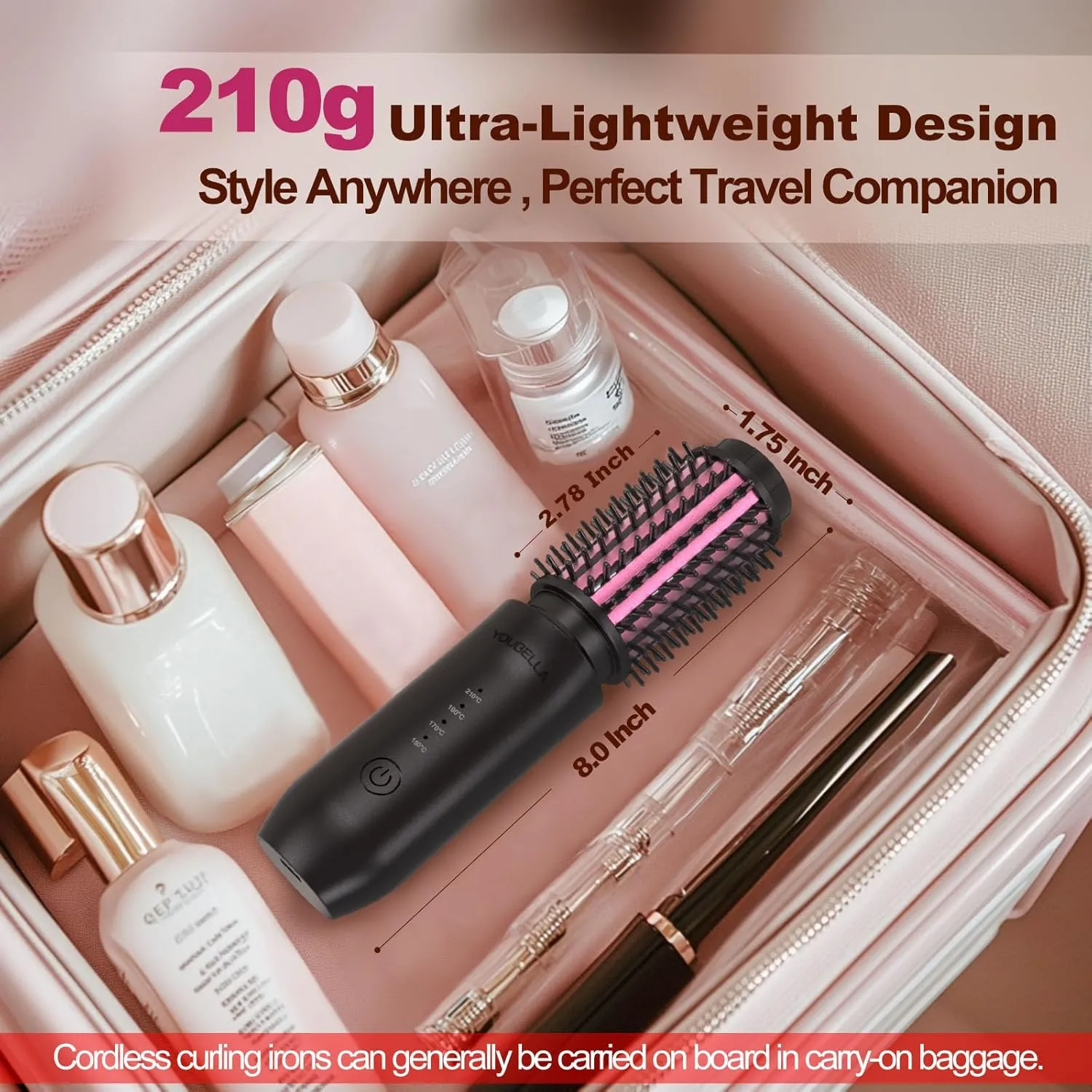 Cordless Hair Curling Iron Brush, Mini Travel Hot Straightener Comb, 3-in-1 Portable Wave Curling Wand, 1.5″ Ionic Heated Brush, USB Rechargeable Hair Curler, Black
