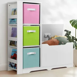 Cowiewie Kids Bookshelf with Reading Nook, Kids Toy Storage Organizers with Safety Hinged Seat, Montessori Wooden Storage Organizer Bench for Bedroom, Playroom and Bedroom - Colorful