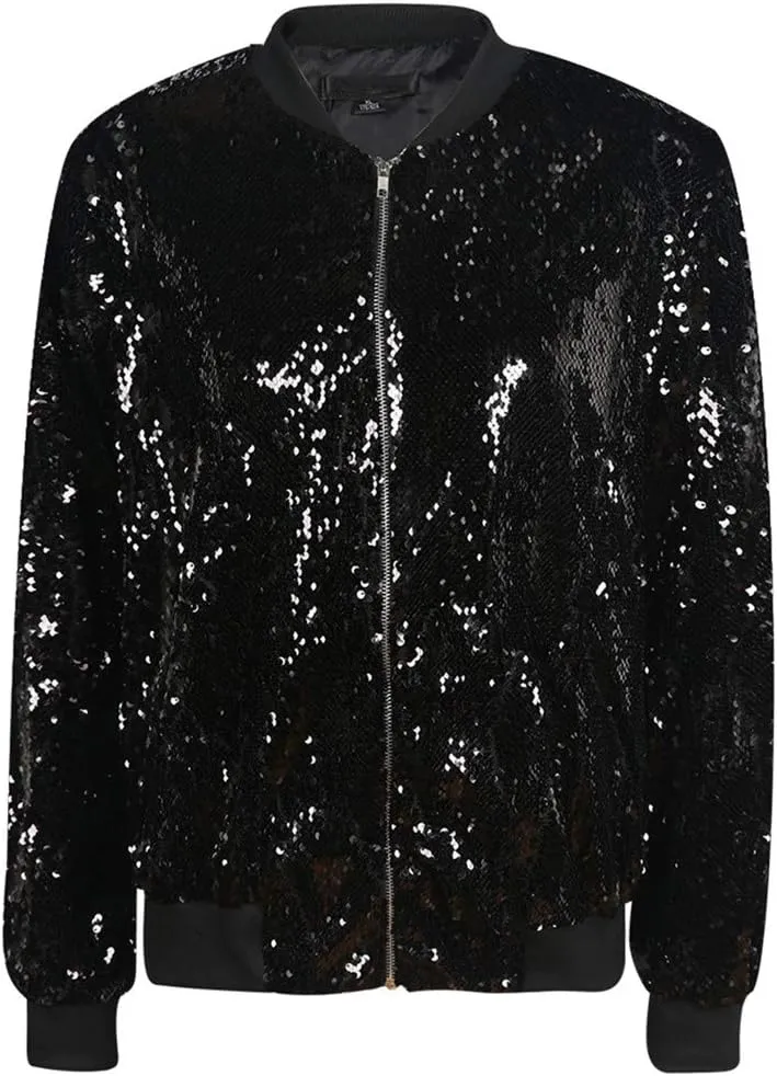 Cresay Women's Sequin Fitted Long Sleeve Zipper Blazer Bomber Jacket