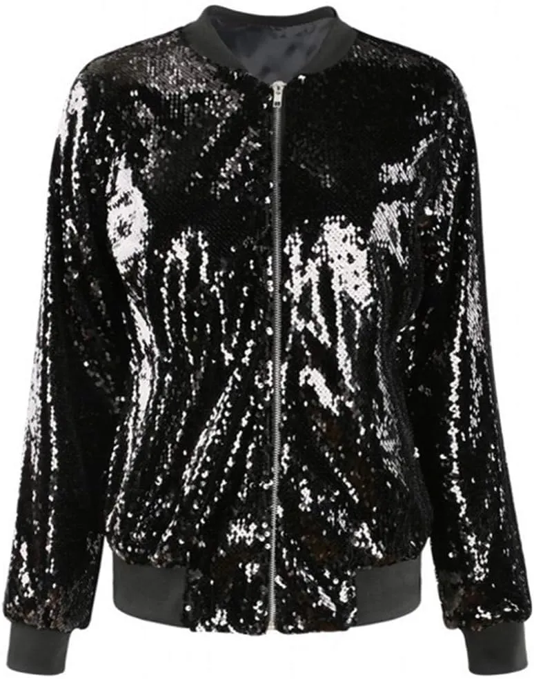Cresay Women's Sequin Fitted Long Sleeve Zipper Blazer Bomber Jacket