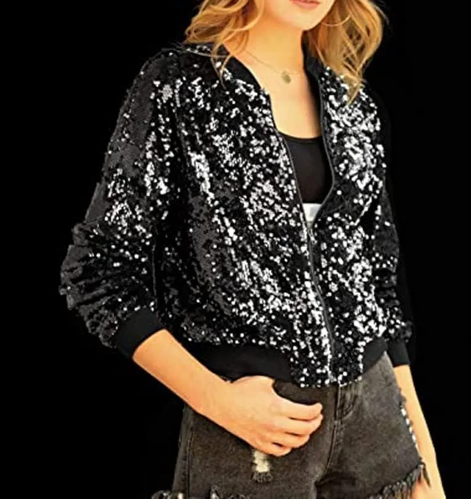 Cresay Women's Sequin Fitted Long Sleeve Zipper Blazer Bomber Jacket