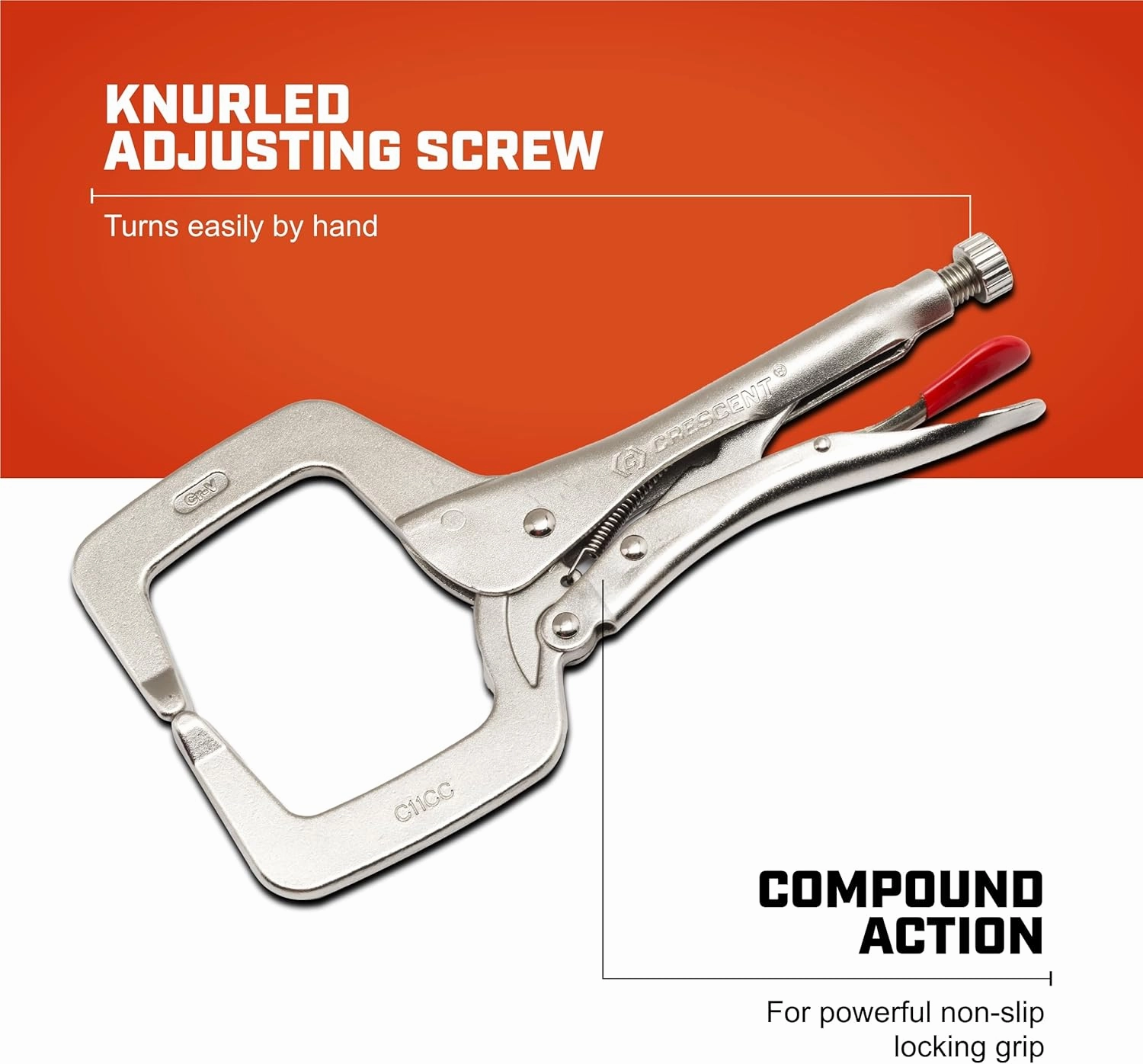 Crescent Locking C-Clamp - Heavy-Duty, Adjustable Metal Clamp with Compound Action & Hex Key Receiver - C11CCVN - 11", Red